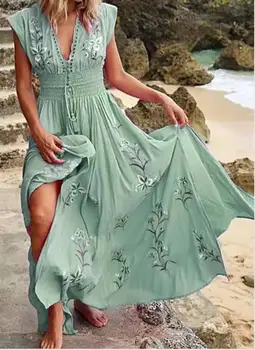 Французское Элегантное Богемное Шифоновое платье без рукавов с V-образным вырезом и принтом, женское пляжное платье с эластичной талией, сексуальное праздничное платье