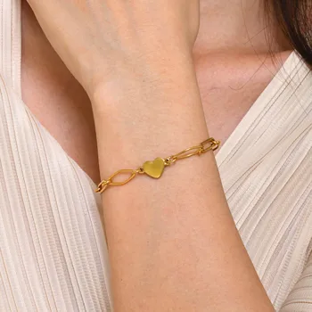 Шикарный модный браслет с сердечком, браслет для женщин и девочек, браслет из нержавеющей стали золотого цвета с геометрическими звеньями цепи